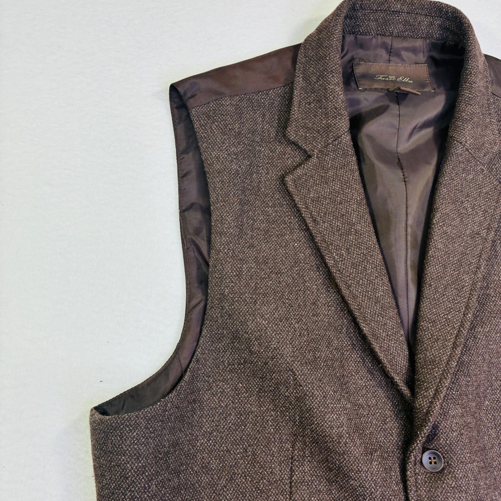 Tasso Elba Mens Brown Wool Blend Tweed Vest Large Notched Lapel Cinch Back L - Picture 5 of 8